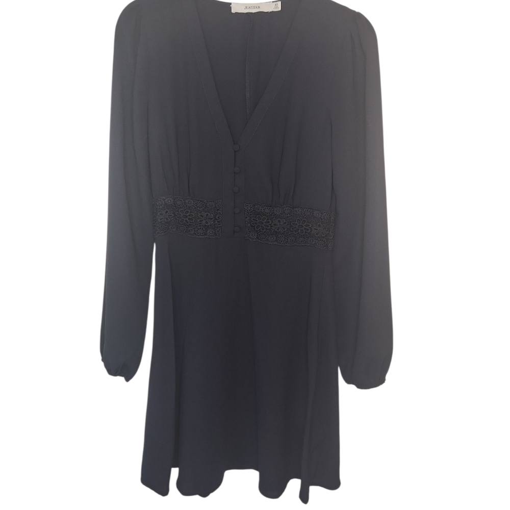 NWT Women's JustFab Dark Navy V-Neck Long Sleeve Crochet Waist Dress Size XS